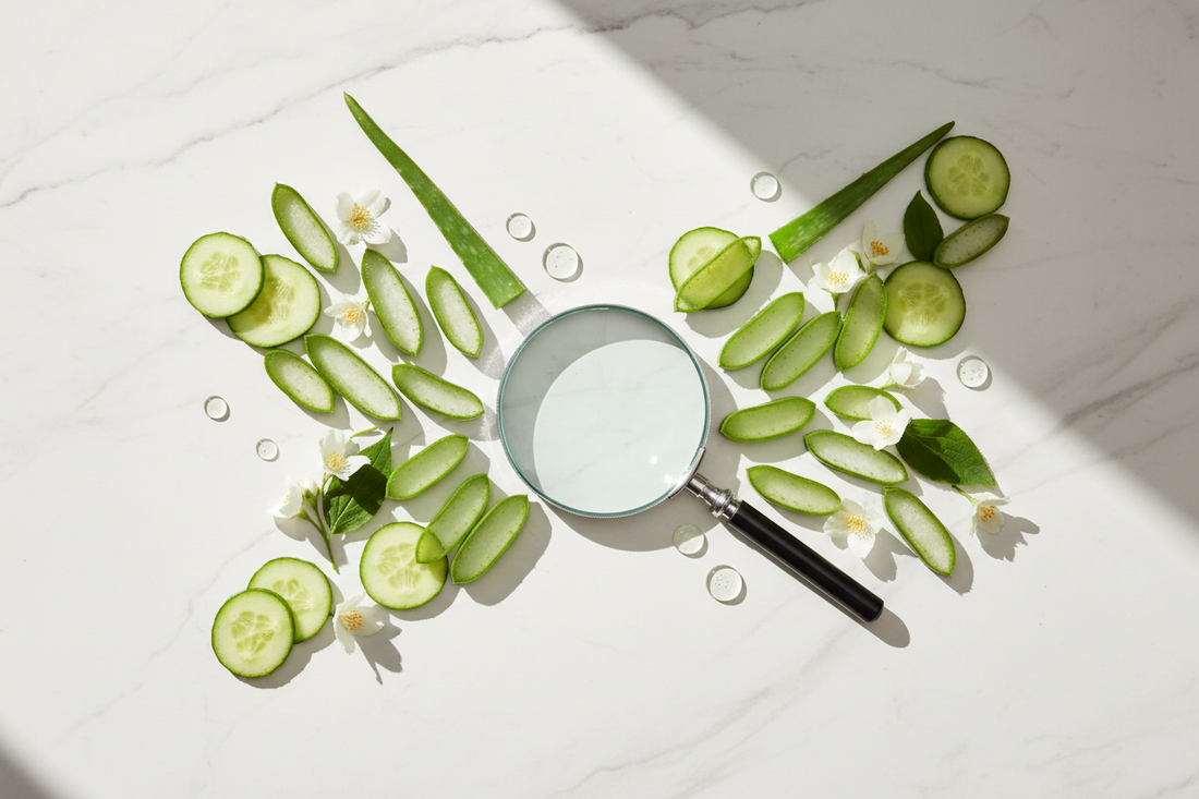 Loupe, aloe vera, concombre et gouttes de sérum sur marbre blanc — acide hyaluronique mythes et réalités
