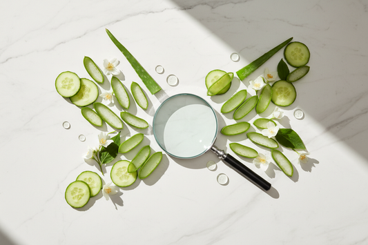 Loupe, aloe vera, concombre et gouttes de sérum sur marbre blanc — acide hyaluronique mythes et réalités
