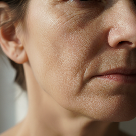 Peau mature d'une femme de 40 ans — ridules et déshydratation visibles, lumière naturelle