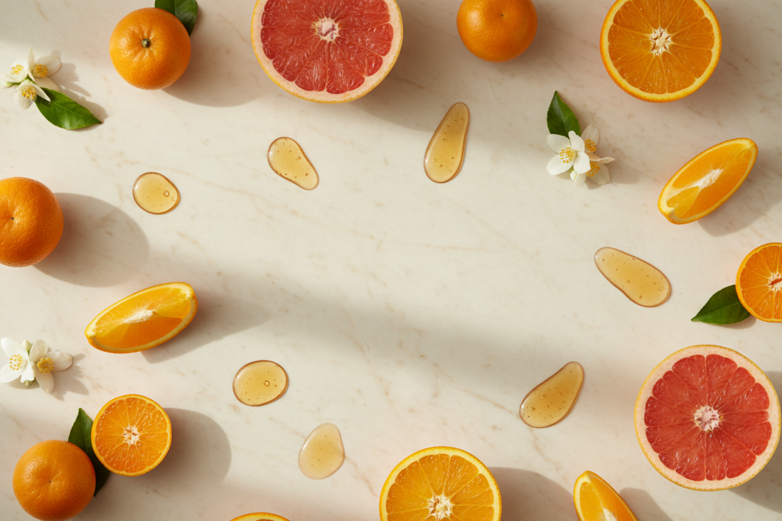 Agrumes frais et gouttes de sérum doré sur marbre beige — vitamine C en skincare