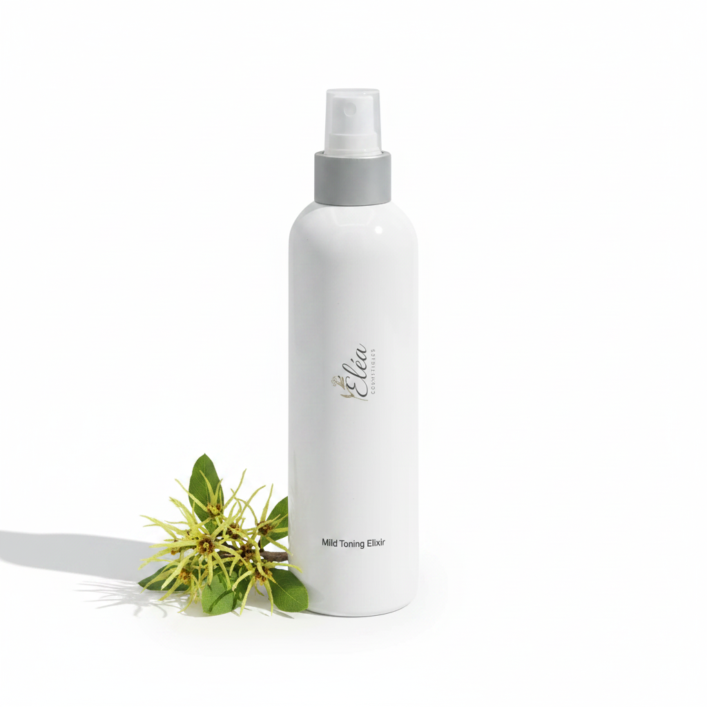Élixir Tonique Douceur Éléa Cosmétiques – flacon spray blanc avec branche d'hamamélis