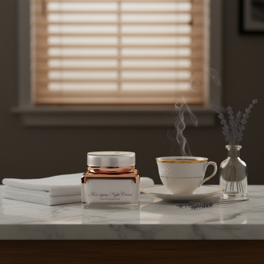 Crème de nuit régénérante anti-âge – pot élégant Éléa Cosmétiques sur fond noir, soin raffermissant et hydratant pour une peau lisse et lumineuse